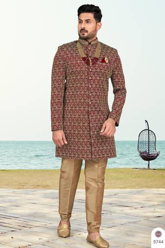 Maroon colour full computer amrodery two pice sherwani set with thred  work with fancy botton