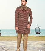 Maroon colour full computer amrodery two pice sherwani set with thred  work with fancy botton