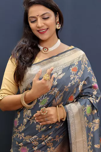 Grey banarasi silk blend saree with all-over gold zari floral jaal