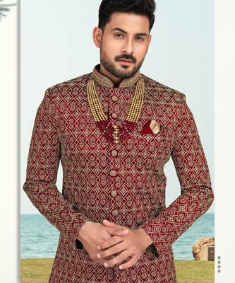 Maroon colour full computer amrodery two pice sherwani set with thred  work with fancy botton 2