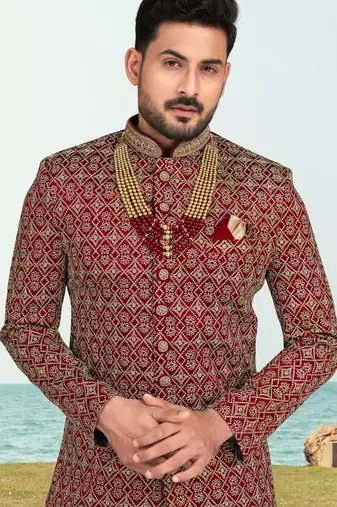 Maroon colour full computer amrodery two pice sherwani set with thred  work with fancy botton