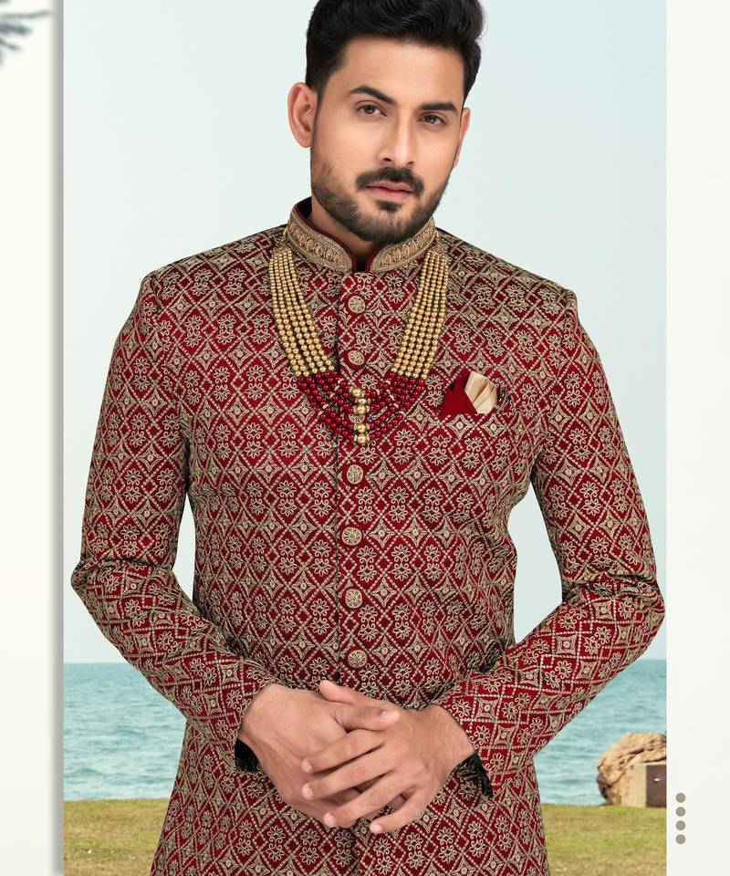 Maroon colour full computer amrodery two pice sherwani set with thred  work with fancy botton