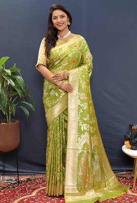 Light green banarasi silk blend saree with all-over gold zari floral jaal 1