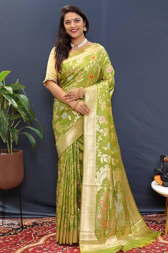 Light green banarasi silk blend saree with all-over gold zari floral jaal
