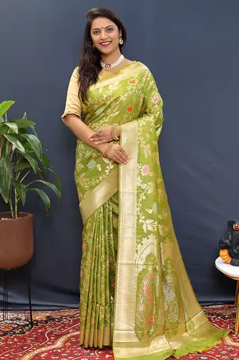 Light green banarasi silk blend saree with all-over gold zari floral jaal