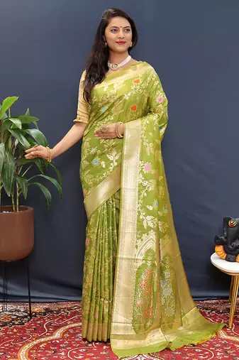 Light green banarasi silk blend saree with all-over gold zari floral jaal