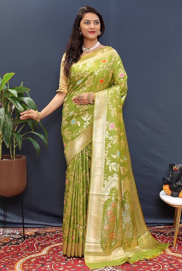 Light green banarasi silk blend saree with all-over gold zari floral jaal