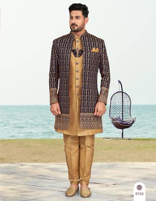 Nevy blue & beige colour full computer amrodery two pice sherwani set with thred  work with fancy botton 1