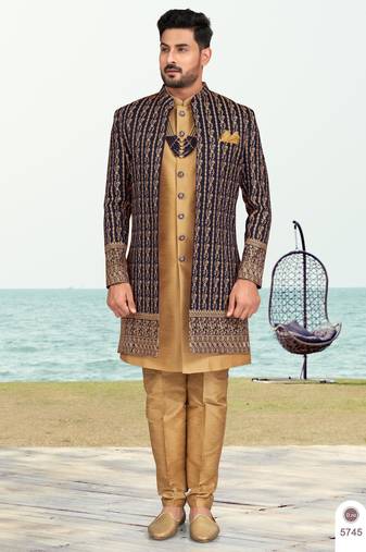 Nevy blue & beige colour full computer amrodery two pice sherwani set with thred  work with fancy botton
