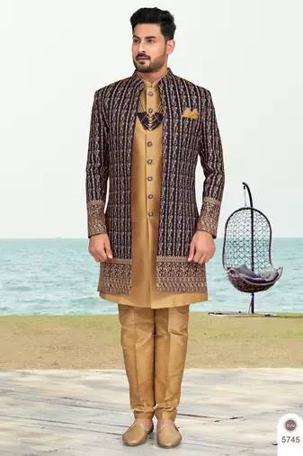 Nevy blue & beige colour full computer amrodery two pice sherwani set with thred  work with fancy botton