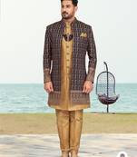 Nevy blue & beige colour full computer amrodery two pice sherwani set with thred  work with fancy botton