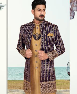 Nevy blue & beige colour full computer amrodery two pice sherwani set with thred  work with fancy botton 2