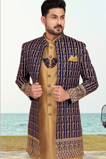 Nevy blue & beige colour full computer amrodery two pice sherwani set with thred  work with fancy botton