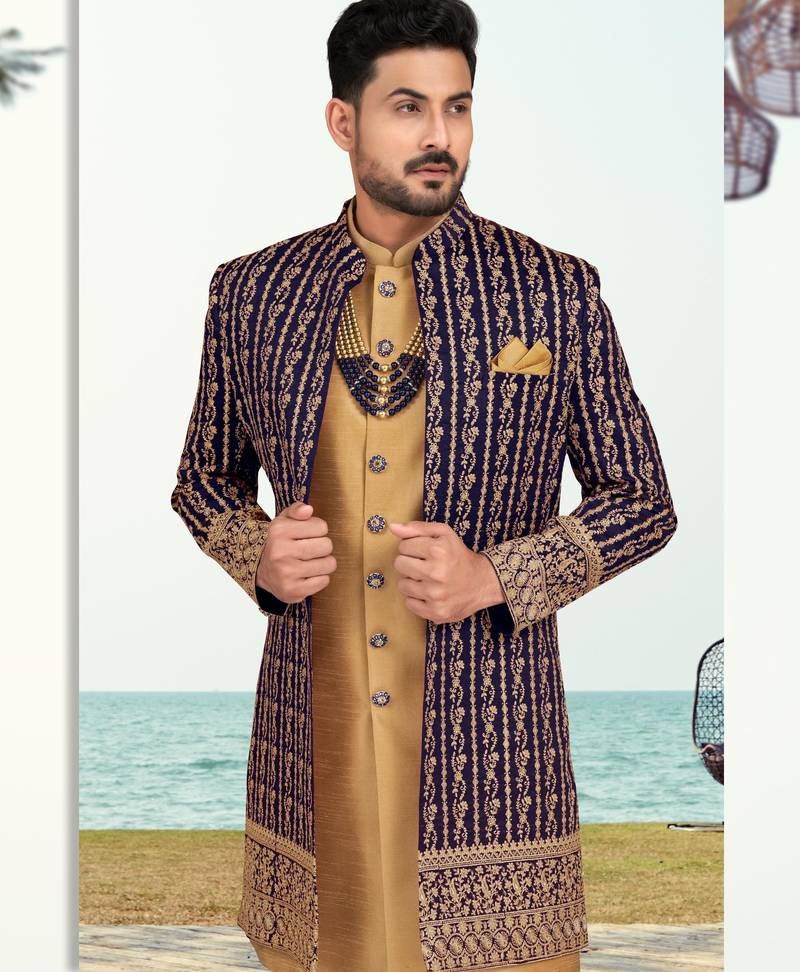 Nevy blue & beige colour full computer amrodery two pice sherwani set with thred  work with fancy botton