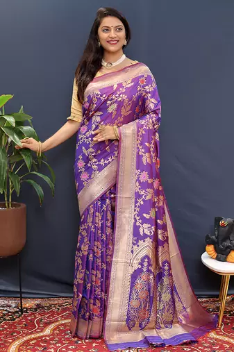 Violet banarasi silk blend saree with all-over gold zari floral jaal