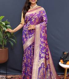 Violet banarasi silk blend saree with all-over gold zari floral jaal