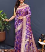 Violet banarasi silk blend saree with all-over gold zari floral jaal