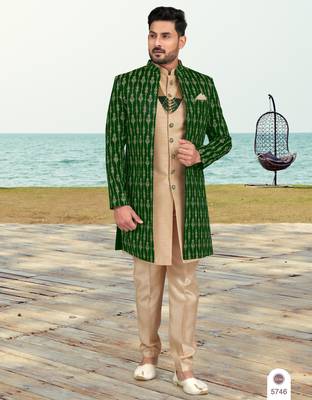 Green & fawn colour full computer amrodery two pice sherwani set with thred  work with fancy botton 1