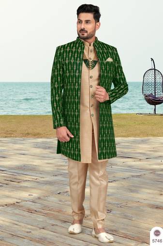 Green & fawn colour full computer amrodery two pice sherwani set with thred  work with fancy botton