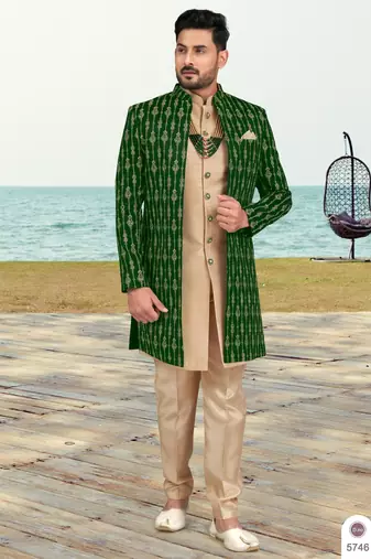 Green & fawn colour full computer amrodery two pice sherwani set with thred  work with fancy botton