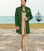 Green & fawn colour full computer amrodery two pice sherwani set with thred  work with fancy botton