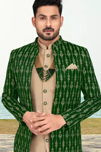 Green & fawn colour full computer amrodery two pice sherwani set with thred  work with fancy botton