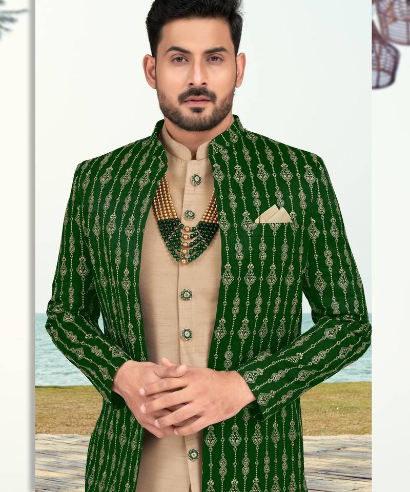 Green & fawn colour full computer amrodery two pice sherwani set with thred  work with fancy botton