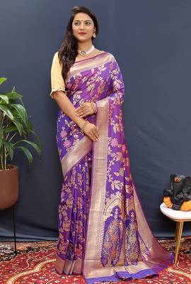 Violet banarasi silk blend saree with all-over gold zari floral jaal 2