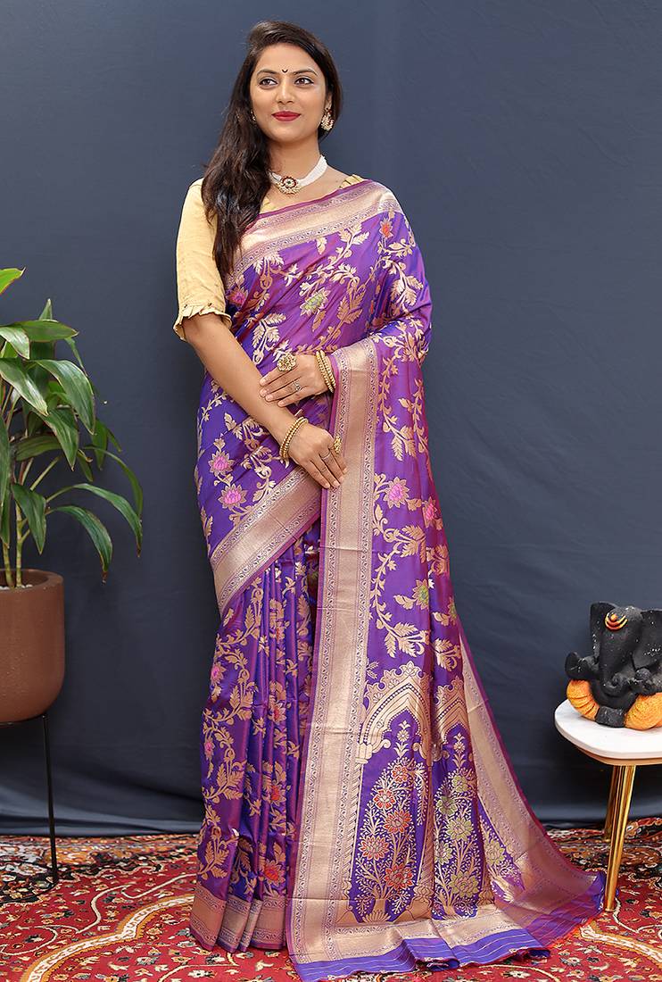 Violet banarasi silk blend saree with all-over gold zari floral jaal