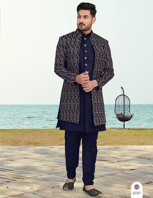 Nevy blue colour full computer amrodery two pice sherwani set with thred  work with fancy botton 1
