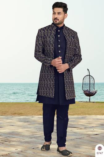 Nevy blue colour full computer amrodery two pice sherwani set with thred  work with fancy botton