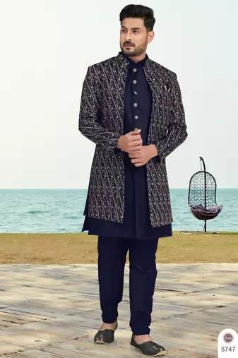 Nevy blue colour full computer amrodery two pice sherwani set with thred  work with fancy botton