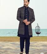 Nevy blue colour full computer amrodery two pice sherwani set with thred  work with fancy botton