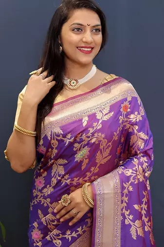 Violet banarasi silk blend saree with all-over gold zari floral jaal
