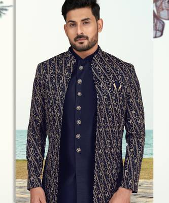 Nevy blue colour full computer amrodery two pice sherwani set with thred  work with fancy botton 2
