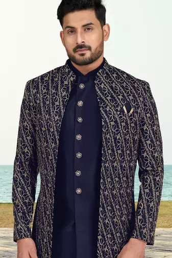 Nevy blue colour full computer amrodery two pice sherwani set with thred  work with fancy botton
