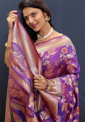 Violet banarasi silk blend saree with all-over gold zari floral jaal 4