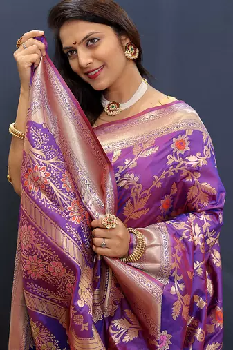 Violet banarasi silk blend saree with all-over gold zari floral jaal
