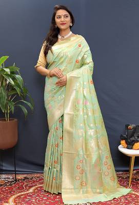 Mint green banarasi silk blend saree with all-over gold zari floral jaal 1