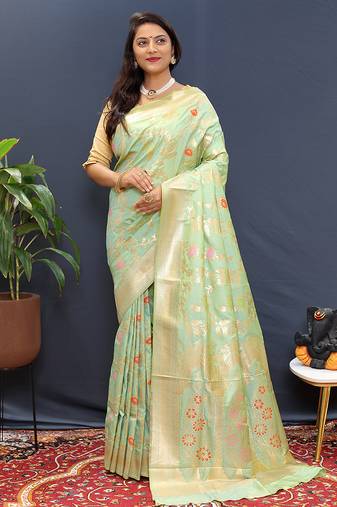 Mint green banarasi silk blend saree with all-over gold zari floral jaal
