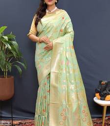 Mint green banarasi silk blend saree with all-over gold zari floral jaal