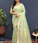 Mint green banarasi silk blend saree with all-over gold zari floral jaal