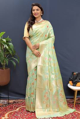 Mint green banarasi silk blend saree with all-over gold zari floral jaal 2
