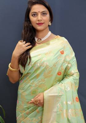 Mint green banarasi silk blend saree with all-over gold zari floral jaal 3