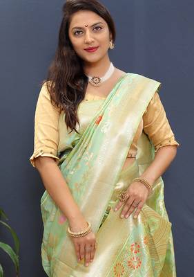 Mint green banarasi silk blend saree with all-over gold zari floral jaal 4