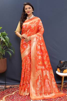 Orange banarasi silk blend saree with all-over gold zari floral jaal 1