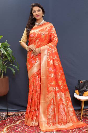Orange banarasi silk blend saree with all-over gold zari floral jaal