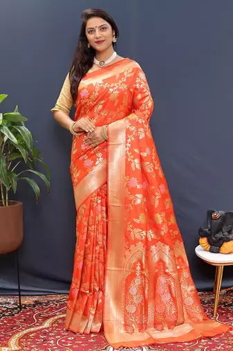 Orange banarasi silk blend saree with all-over gold zari floral jaal
