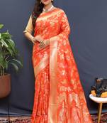 Orange banarasi silk blend saree with all-over gold zari floral jaal