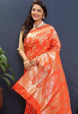 Orange banarasi silk blend saree with all-over gold zari floral jaal 3